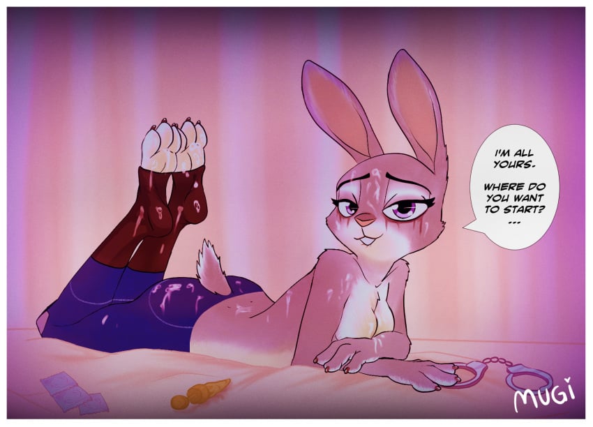 anthro ass bedroom_eyes bite biting_lip bodily_fluids breasts buttplug clothed clothing cum cum_on_back cum_on_breasts cum_on_butt cum_on_face cum_on_feet dialogue disney english_text feet female genital_fluids half-closed_eyes handcuffs hindpaw judy_hopps lagomorph leporid looking_at_viewer lying mammal medium_breasts mugibunbun on_front paws rabbit running_mascara seductive self_bite sex_toy shackles solo speech_bubble text topless wrapped_condom zootopia