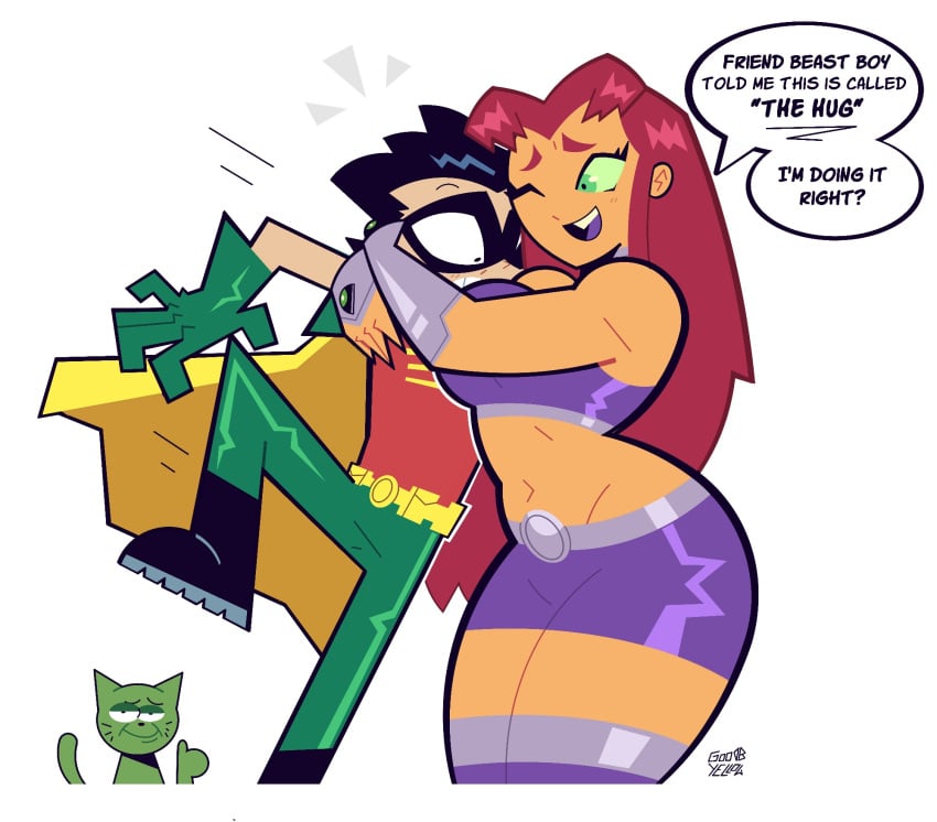 1girls 2boys beast_boy busty curvy dc dc_comics english_text face_to_breasts feline goodbyellow green_eyes hug koriand&#039;r midriff orange_skin red_hair robin_(dc) short_skirt speech_bubble squeezing starfire teen_titans thumbs_up