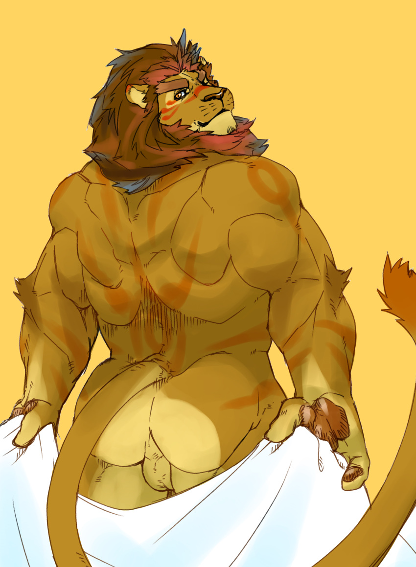 absurd_res anthro arm_tuft ass backsack balls brown_body brown_fur brown_mane brown_nose brown_pawpads cloth doggycoffee facial_hair felid fingers fur genitals hi_res holding_object lion looking_at_viewer looking_back male male_only mammal mane markings muscular muscular_anthro muscular_male nude pantherine pawpads rear_view red_markings simple_background solo tail_tuft tuft yellow_background yellow_eyes