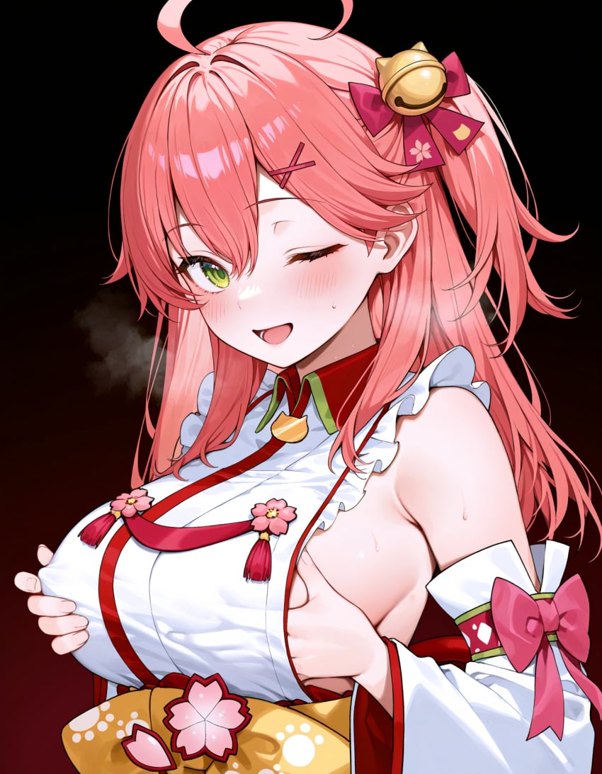 1girls ahoge ai_generated blush covered_nipples erect_nipples fondling_breast grabbing_own_breast green_eyes hololive large_breasts pink_hair sakura_miko side_ponytail sideboob smile steam sweat virtual_youtuber wink