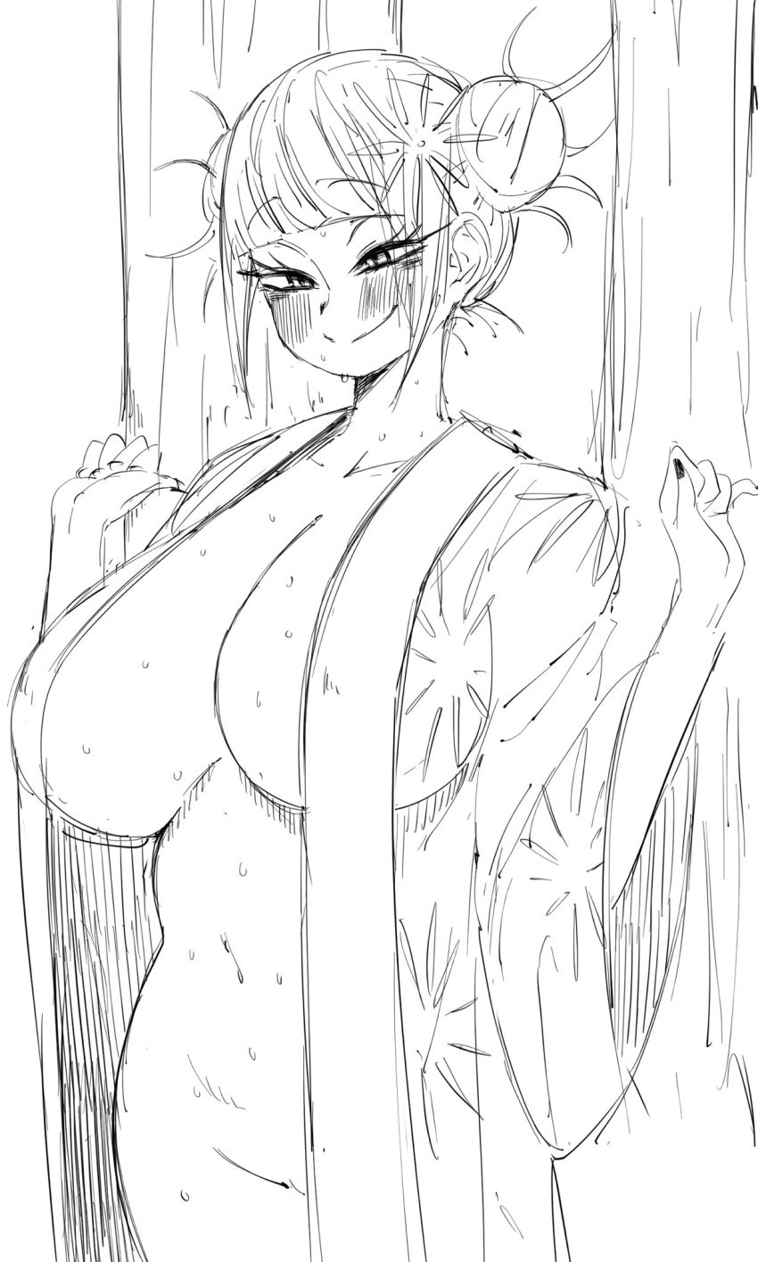 1girls big_breasts blush breasts chubby coffing_(artist) himiko_toga huge_breasts japanese_clothes kimono monochrome my_hero_academia naughty_face navel nude open_robe seductive seductive_smile smile sweat wet wide_hips