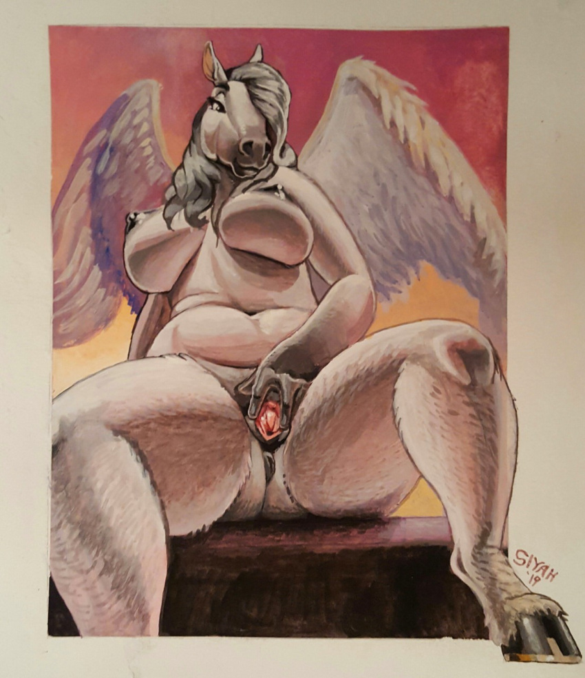 anthro anus big_breasts breasts equid equine female fur grey_fur grey_hair hair hi_res hooves long_hair mammal nude pterippus pussy sitting siyah slightly_chubby spread_pussy spreading thick_thighs traditional_media_(artwork) voluptuous wings worm's-eye_view