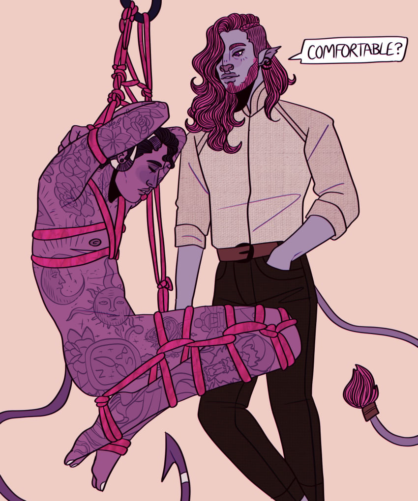 2boys blush bondage caduceus_clay clothed_male_nude_male critical_role critical_role:_the_mighty_nein dom/sub dungeons_and_dragons duo firbolg gay maledom malesub mollymauk_tealeaf multiple_boys nude rabdoidal restrained rope suspension tattoo tattoos tiefling yaoi