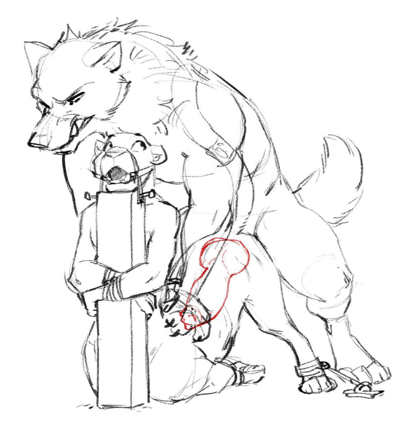 2018 adam_wan anal anal_penetration anal_sex animal_genitalia animal_penis anthro anthro_on_taur anthro_penetrating anthro_penetrating_taur arms_tied beefy big_penis bondage bound canid canine canine_penis canis daddy duo felid felid_taur from_behind_position fur gag hi_res internal interspecies knotting looking_back male male/male mammal mammal_taur manly monochrome nude open_mouth open_mouth_gag pantherine pantherine_taur penetration penile_penetration penis quadruped raised_tail ring_gag sex simple_background size_difference sketch spread_legs spreading taur taur_penetrated tough_guy white_background wolf zaush