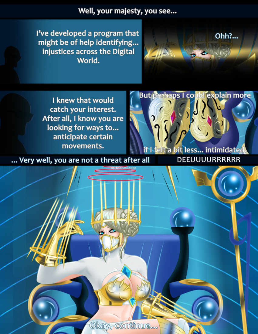 ardham big_ass big_breasts blue_eyes comic dialogue digimon digimon_(species) digital_media_(artwork) english_text goddess hera huge_ass huge_breasts junomon large_ass large_breasts olympos_xii pinup sitting