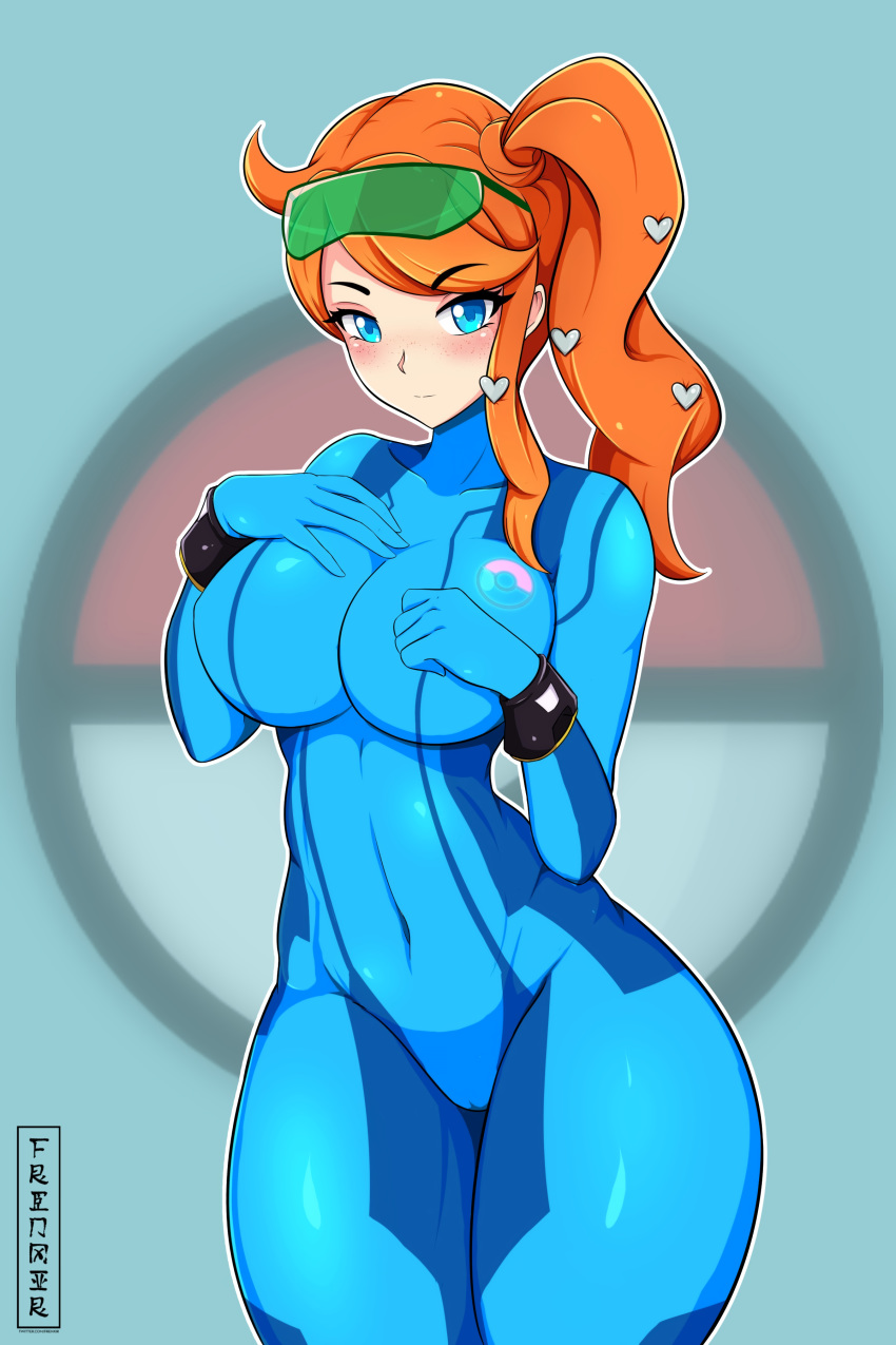 alternate_breast_size blue_eyes blush bodysuit cameltoe cosplay crossover eyewear_on_head female female_only frenxir glasses glasses_on_head green_glasses hourglass_figure human human_only large_breasts nintendo orange_hair pale_skin png pokemon pokemon_ss samus_aran_(cosplay) sonia_(pokemon) sunglasses_on_head zero_suit