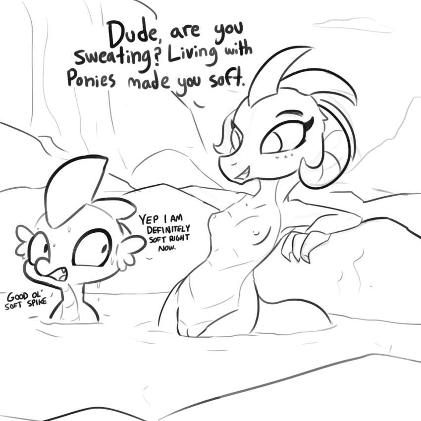 1:1 2019 bodily_fluids breasts casual cub cub_and_adult dialogue dragon duo english_text female friendship_is_magic male my_little_pony nudist outside princess_ember_(mlp) pussy scalie smooth_skin spike_(mlp) sweat text tjpones