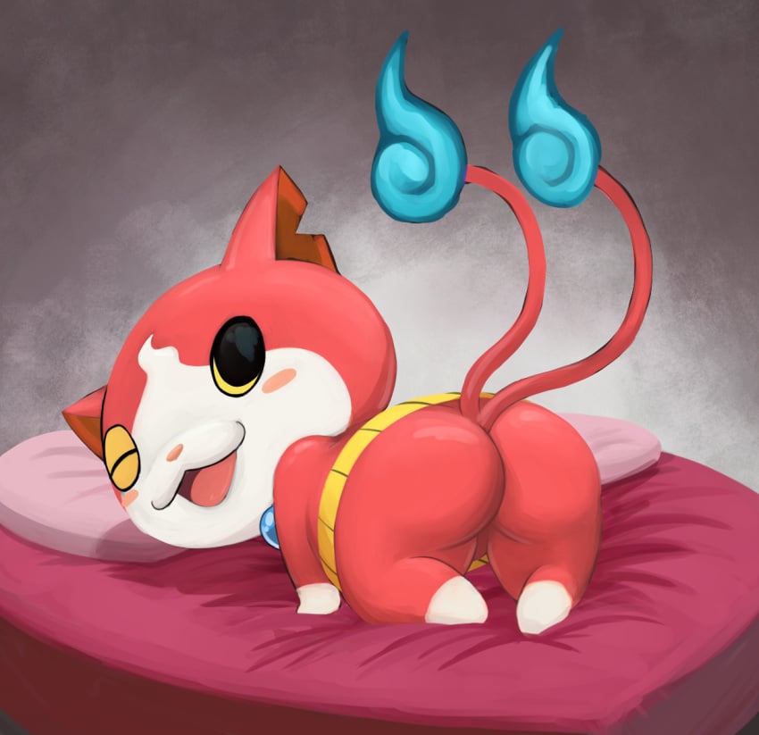 :3 all_fours ass bed feline jibanyan lkiws looking_at_viewer male_only nekomata one_eye_closed presenting solo_male yo-kai_watch youkai