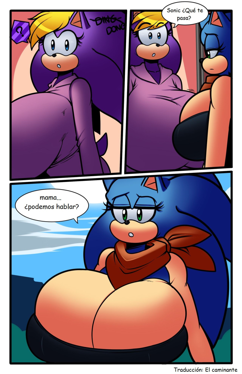 2girls anthro bernadette_hedgehog denizen1414 eulipotyphlan eulipotyphlan_humanoid female full_color furry furry_female genderswap hedgehog hedgehog_humanoid huge_breasts mammal mammal_humanoid milf purple_body sega sonic_(series) sonic_the_hedgehog sonic_the_hedgehog_(archie) sonic_the_hedgehog_(comics) sonique_the_hedgehog spanish_text superbunnygt text yellow_hair