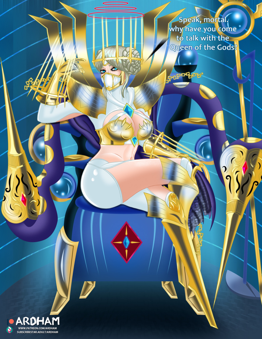 ardham big_ass big_breasts blue_eyes comic dialogue digimon digimon_(species) digital_media_(artwork) goddess hera huge_ass huge_breasts junomon large_ass large_breasts olympos_xii pinup sitting