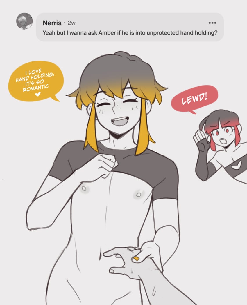 2boys dialogue dross femboy hand_holding red_hair smile yellow_hair