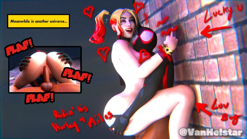 3d 3d_(artwork) 3d_model 3d_render adult_and_teenager against_wall blonde_hair brick_wall completely_nude_female crossover curvy dark-skinned_male dark_skin dc_comics deep_penetration fortnite hands_on_ass harley_quinn hearts_around_head light-skinned_female light_skin long_penis makeup male/female marvel masked_male miles_morales sex spider-man spider-man_(series) spider_sense stand_and_carry_position straight superhero superhero_costume supervillainess twintails two_tone_hair vaginal_penetration vanhelstar