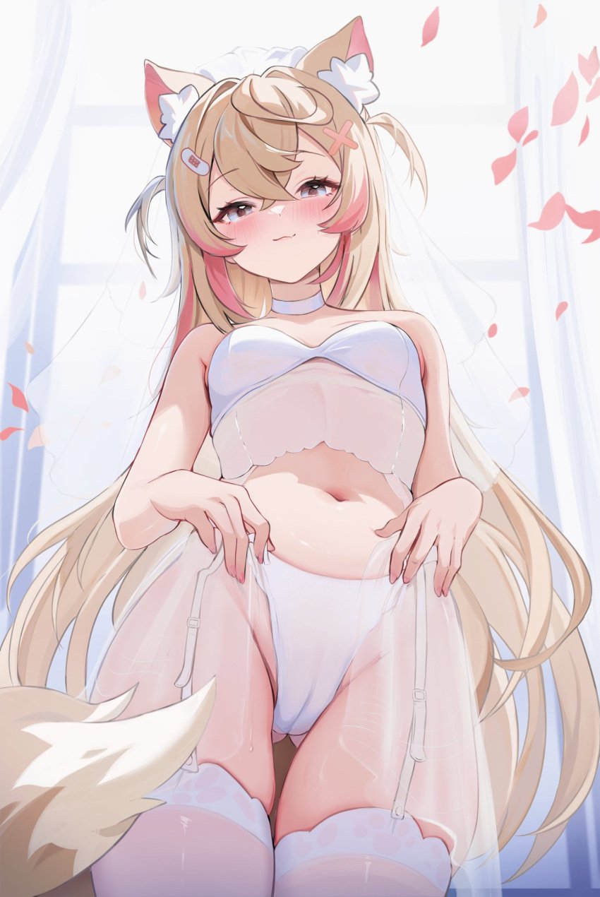 :3 animal_ear_fluff animal_ears blonde_hair cute dog_ears dog_girl fluffy_ears fluffy_tail fuwawa_abyssgard hair_ornament hololive hololive_english hololive_english_-advent- koahri light loving_gaze multicolored_hair no_sex petals red_highlights sheer_clothing smile smiling_at_viewer suggestive_pose tail underwear_only very_long_hair wedding_dress wedding_lingerie wedding_veil white_dress window window_light