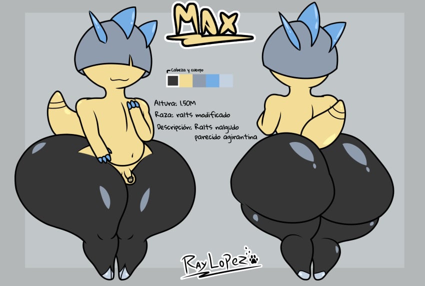 2025 anthro anthro_only ass_focus balls beige_skin big_ass big_ass_(male) black_body bubble_butt character_sheet claws digital_drawing_(artwork) digital_media_(artwork) fan_character huge_ass nintendo penis pokemon pokemon_(species) ralts raylopez request shortstack shortstack_femboy simple_background slightly_chubby smile smiley_face solo spanish_text tagme tail teapot_(body_type) thick_ass thick_thighs wide_hips