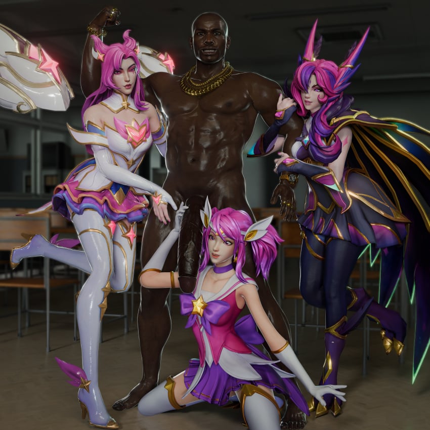 dark-skinned_male kai'sa league_of_legends luxanna_crownguard star_guardian_kai'sa star_guardian_lux star_guardian_series star_guardian_xayah xayah