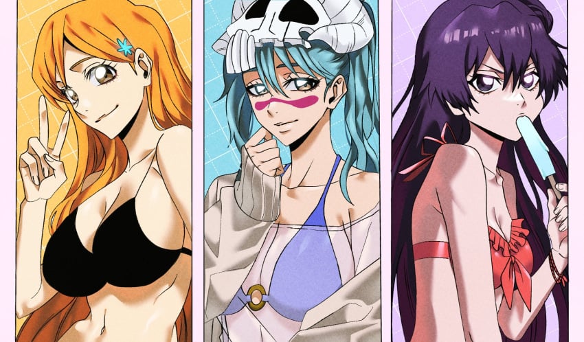 3girls bambietta_basterbine big_breasts bikini bikini_top black_hair bleach bleach_brave_souls breasts cleavage female female_only green_hair inoue_orihime looking_at_viewer nauki_11 nelliel_tu_odelschwanck orange_hair popsicle see-through see-through_clothing skull_hair_ornament swimsuit