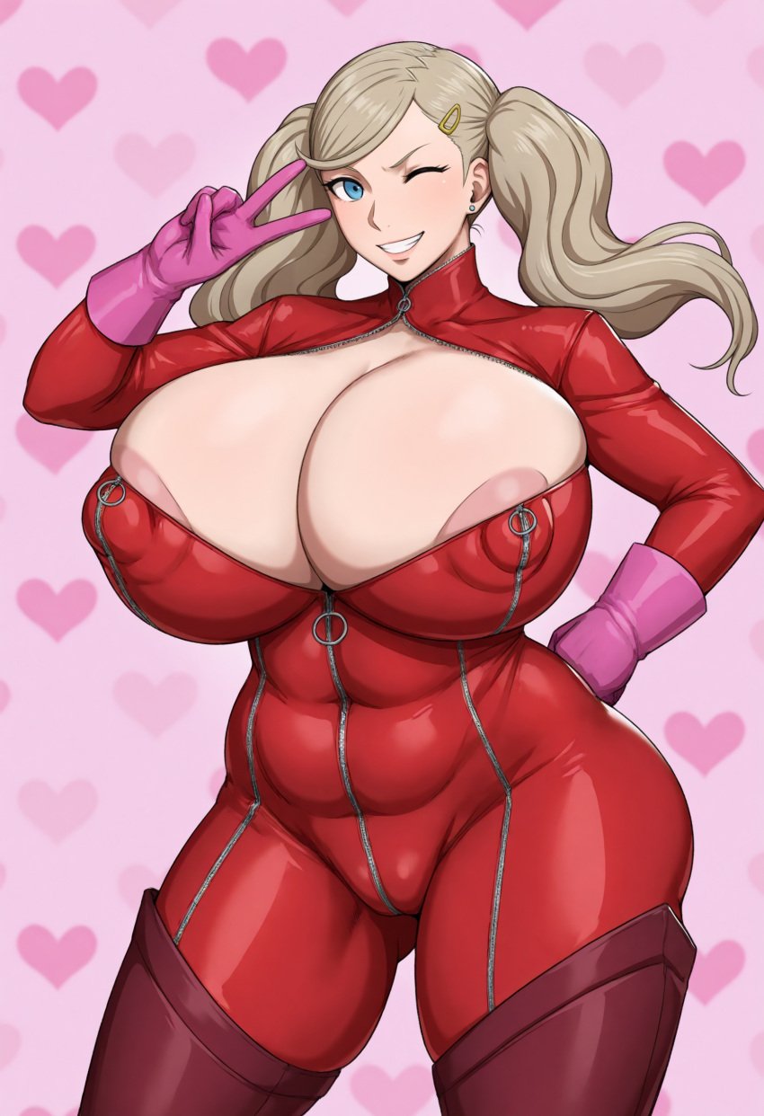 ai_generated ann_takamaki areola_slip bodysuit gloves grin heart_background huge_breasts kunaboto_(style) large_areolae one_eye_closed patreon_username pink_background plump smile stable_diffusion thickerai twintails v_sign venus_body