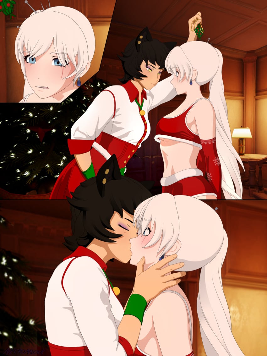 2girls black_hair christmas christmas_outfit christmas_tree holidays kali_belladonna kissing milf mistletoe necromalock rwby tagme weiss_schnee white_hair yuri