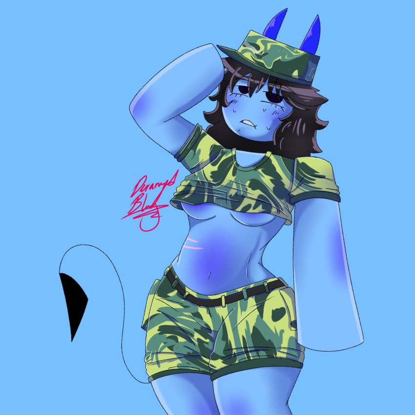 1girls 2022 black_eyes black_hair blue_horns blue_nipples blue_skin bluedevil bluey_(bluedevil) breasts camouflage clothed clothed_female female female_only hi_res horns long_ears looking_at_viewer midriff military_hat military_uniform mouth_open navel nipples roblox robloxian self_insert shirt_lift shorts sweat tagme teeth thigh_gap thighs thin_waist underboob watermark wide_hips