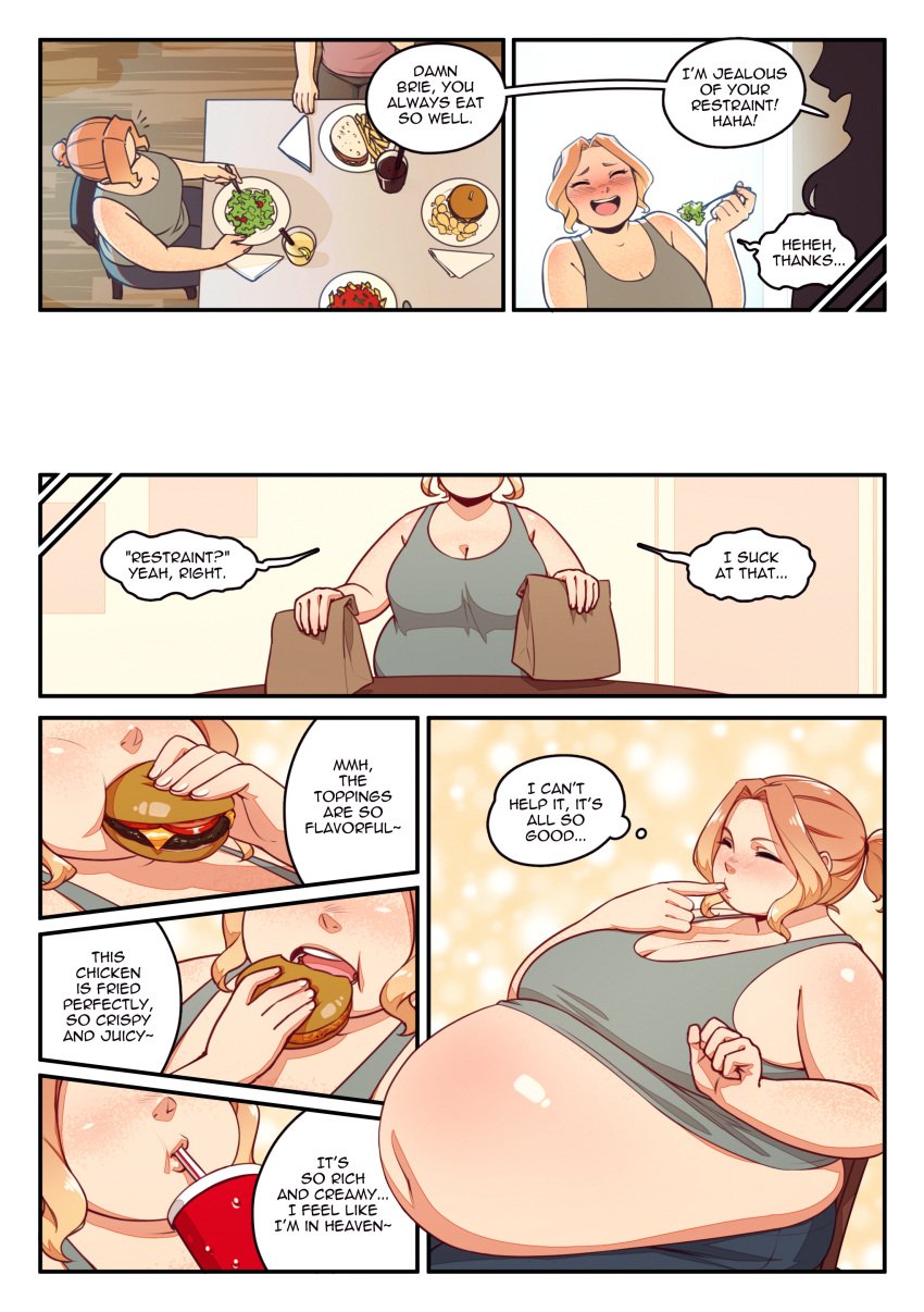 belly_exposed bernard_(better_with_salt) better_with_salt big_belly big_thighs blonde_female blonde_hair blue_eyes casual chubby chubby_female comic comic_page eating enjoying fat_female fat_fetish food freckles overweight overweight_female stuffed_belly stuffing weight_gain