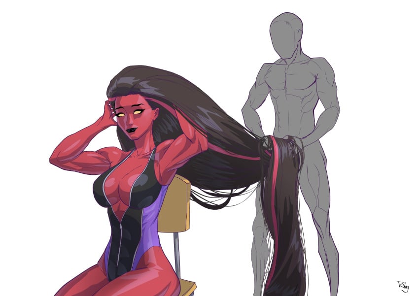 betty_ross black_hair hair_fetish hairjob long_hair marvel marvel_comics red_she-hulk red_skin silky_hair thick_hair very_long_hair yellow_eyes