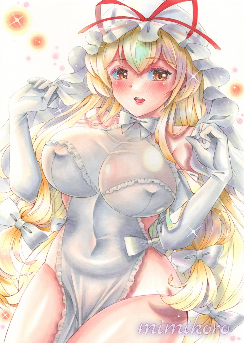 1girls blonde_hair blush bow breasts bride brown_eyes clothed dress female_focus gloves hat large_breasts light-skinned_female light_skin long_hair mimikoro mob_cap navel navel_visible_through_clothes nipple_bulge open_mouth simple_background solo solo_focus thighs touhou veil watermark wedding wedding_dress wedding_veil yakumo_yukari yukari_yakumo