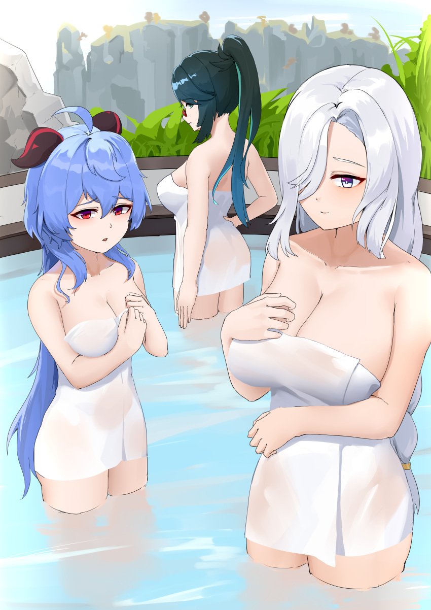 3girls aether_(genshin_impact) blue_hair blush breasts fffm_foursome foursome ganyu_(genshin_impact) genshin_impact glasses green_hair horns outdoors pleasure_face shenhe_(genshin_impact) towel towel_only white_hair xianyun_(genshin_impact)