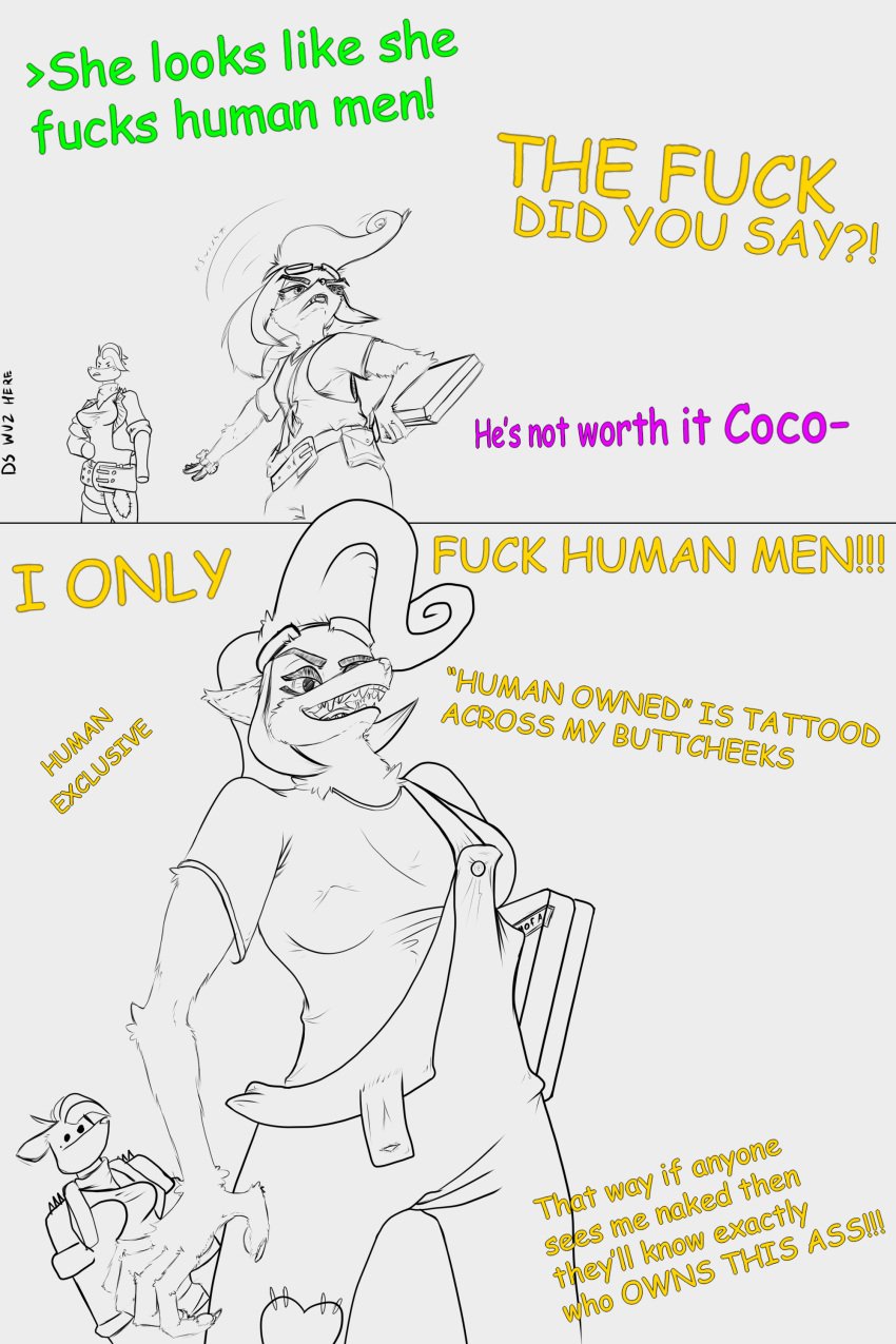 absurd_res activision anthro ass bandicoot butt_tattoo clothing coco_bandicoot computer crash_(series) doublespace electronics eyewear eyewear_on_head female goggles goggles_on_head greentext_(format) group hi_res human laptop male mammal marsupial nipple_outline offscreen_human overalls patch_(fabric) tattoo tawna_bandicoot teeth text trio yelling_from_off_screen