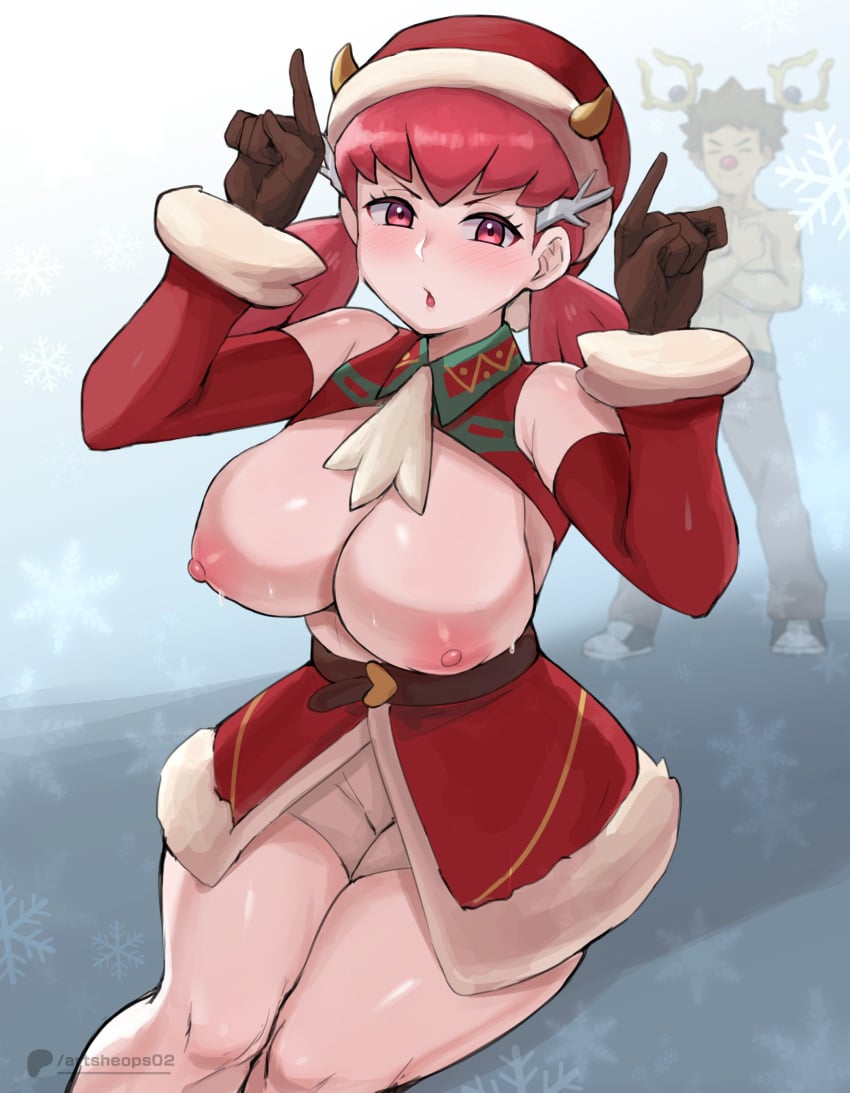 1boy 1girls artsheops breasts brock_(pokemon) christmas nipples pink_hair pokemon pokemon_masters pokemon_masters_ex whitney_(holiday_2022)_(pokemon_masters) whitney_(pokemon)