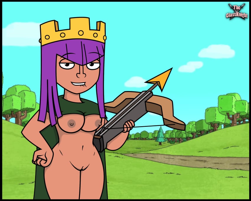 1girls 2d archer_queen_(clash_of_clans) belly big_breasts biting_lip breasts clash_(series) clash_a_rama clash_of_clans clash_royale cloak completely_nude completely_nude_female crossbow crown long_hair looking_at_viewer nude nude_female outdoors partially_clothed pussy shaved_pussy solo standing super_cell supercell the_glassknight weapon