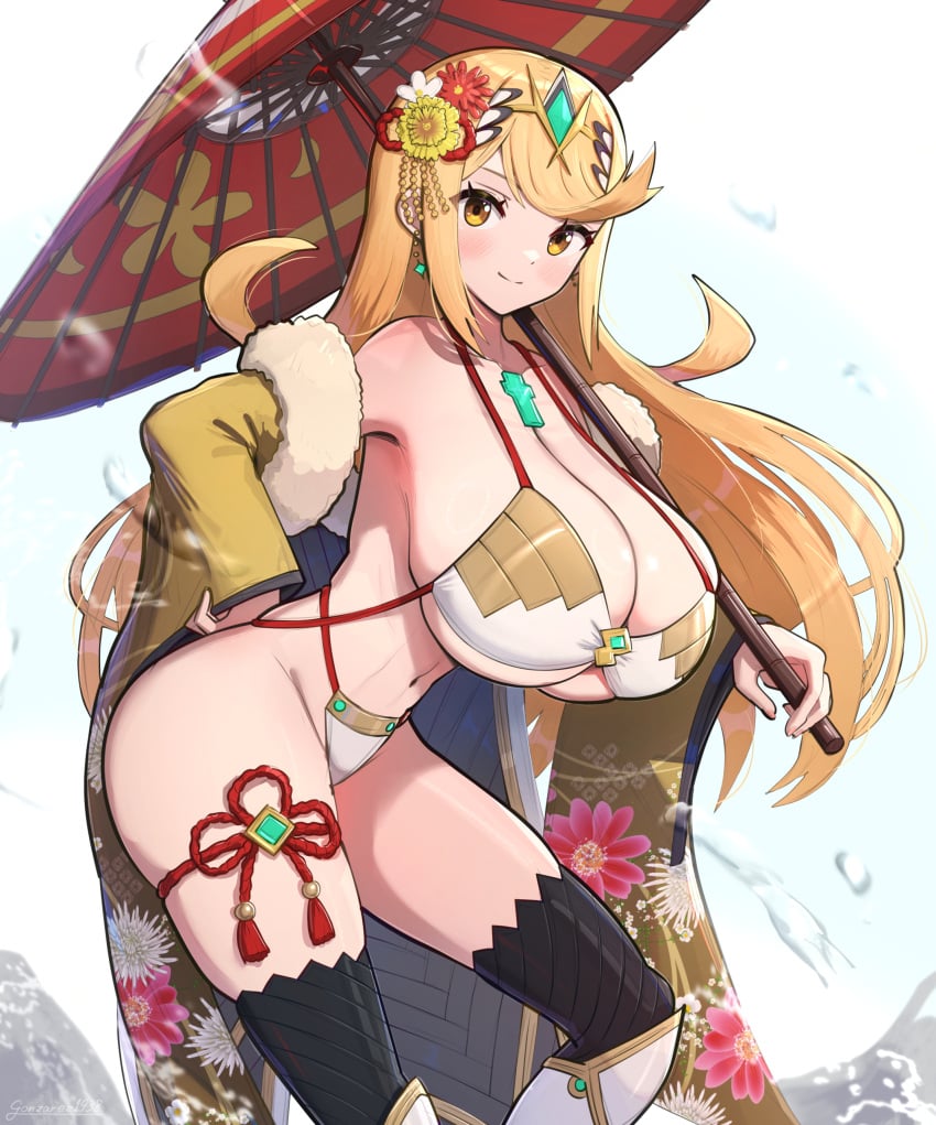 1girls bikini blonde_hair breasts female gold_eyes gonzarez hi_res huge_breasts light-skinned_female light_skin long_hair mythra nintendo thick_thighs xenoblade_(series) xenoblade_chronicles_2