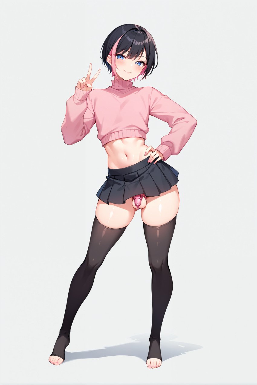 1boy ai_generated black_hair blue_eyes chastity_cage chastity_device femboy hand_on_hip looking_at_viewer male_focus male_only midriff multicolored_hair peace_sign penis pink_hair skirt smiling_at_viewer smug solo sweater thighhighs toeless_legwear