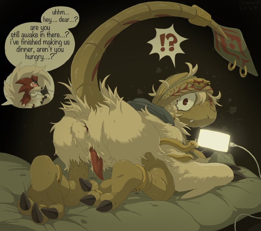 almost_caught anus archen ass bodily_fluids dialogue electronics embarrassed enja_(qrnrr) fossil_pokemon generation_5_pokemon generation_7_pokemon genitals grinding hi_res jewelry knocking_on_door long_tail lycanroc lying male masturbation midnight_lycanroc nintendo on_front penis phone piercing pillow pillow_humping pokemon pokemon_(species) presenting presenting_anus presenting_hindquarters presenting_penis qrnrr raised_tail solo speech_bubble surpised sweat sweatdrop tail text