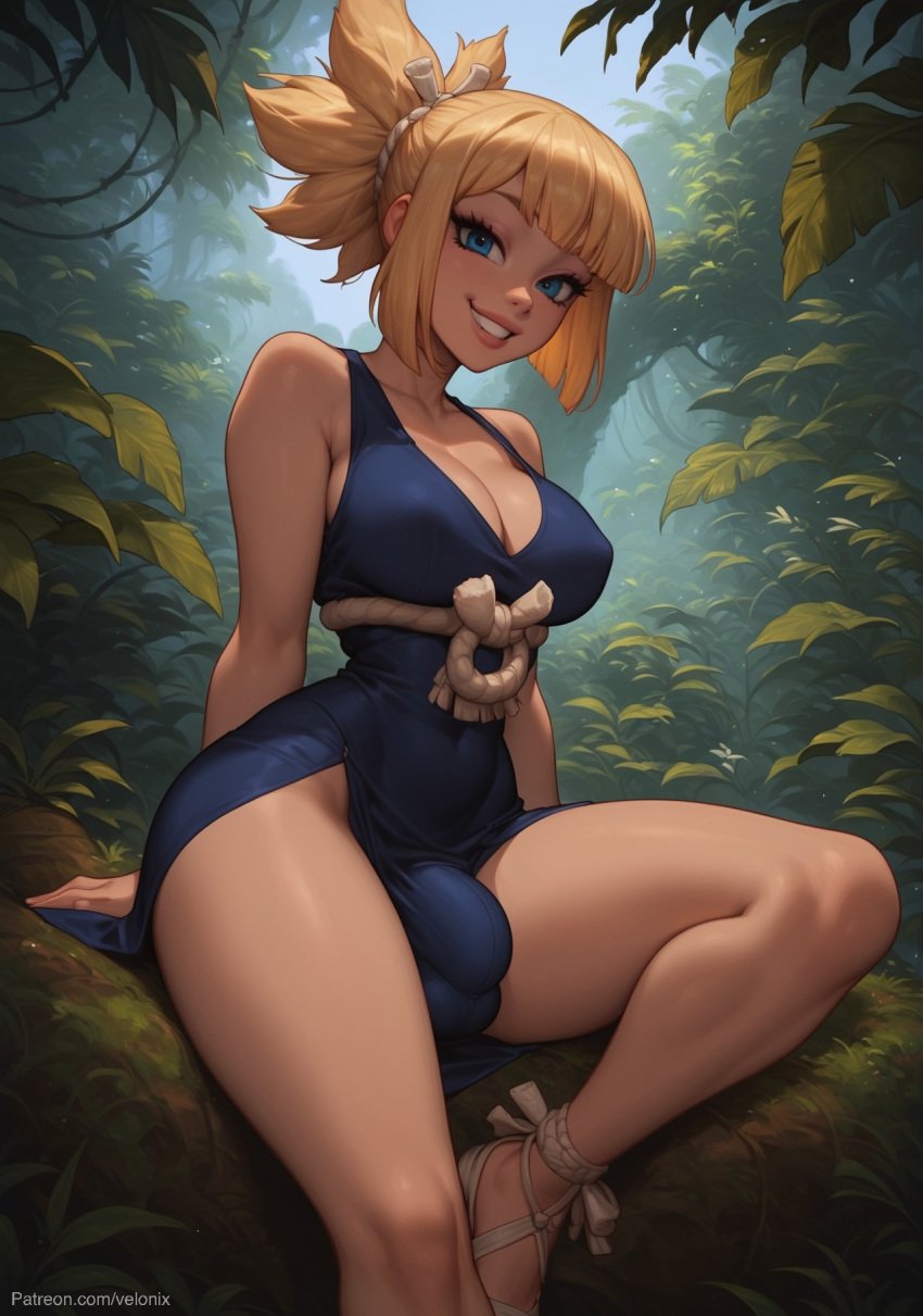 1futa 1futanari ai_generated ass big_ass big_breasts big_butt big_hips big_penis blonde_female blonde_hair blonde_hair blue_dress blue_eyes breasts bulge bulge_through_clothing cleavage dick dickgirl dr.stone dress eyebrows eyelashes feet futa_only futanari grin grinning grinning_at_viewer hair hair_ornament hair_tie hands-free hands_behind_back huge_cock jungle jungle_girl knee kohaku_(dr.stone) lips long_hair looking_at_viewer makeup muscular muscular_futanari narrow_waist narrowed_eyes nose outdoors outside penis sandals seducing seductive seductive_eyes seductive_gaze seductive_look seductive_mouth seductive_pose seductive_smile shoes sitting smile smile_at_viewer smiley_face smooth_balls smooth_penis smooth_skin solo solo_dickgirl solo_focus solo_futa solo_futanari testicles velonix