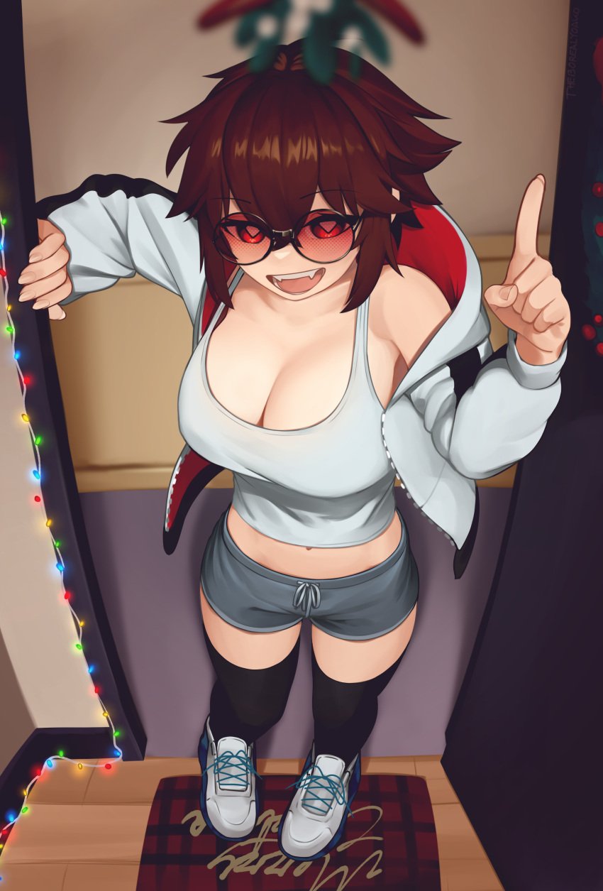 1girls absurdres bare_shoulders black-framed_eyewear black_thighhighs blurry blurry_foreground breasts brown_hair christmas christmas_lights cleavage collarbone crop_top doorway fangs from_above full_body glasses grey_shorts hair_between_eyes heart heart-shaped_pupils highres indoors jacket large_breasts long_sleeves looking_at_viewer midriff mistletoe navel open_clothes open_door open_jacket open_mouth original pointing pointing_up red-tinted_eyewear red_eyes round_eyewear shoes short_shorts shorts smile sneakers solo sunglasses symbol-shaped_pupils tank_top thighhighs tinted_eyewear white_tank_top yoako