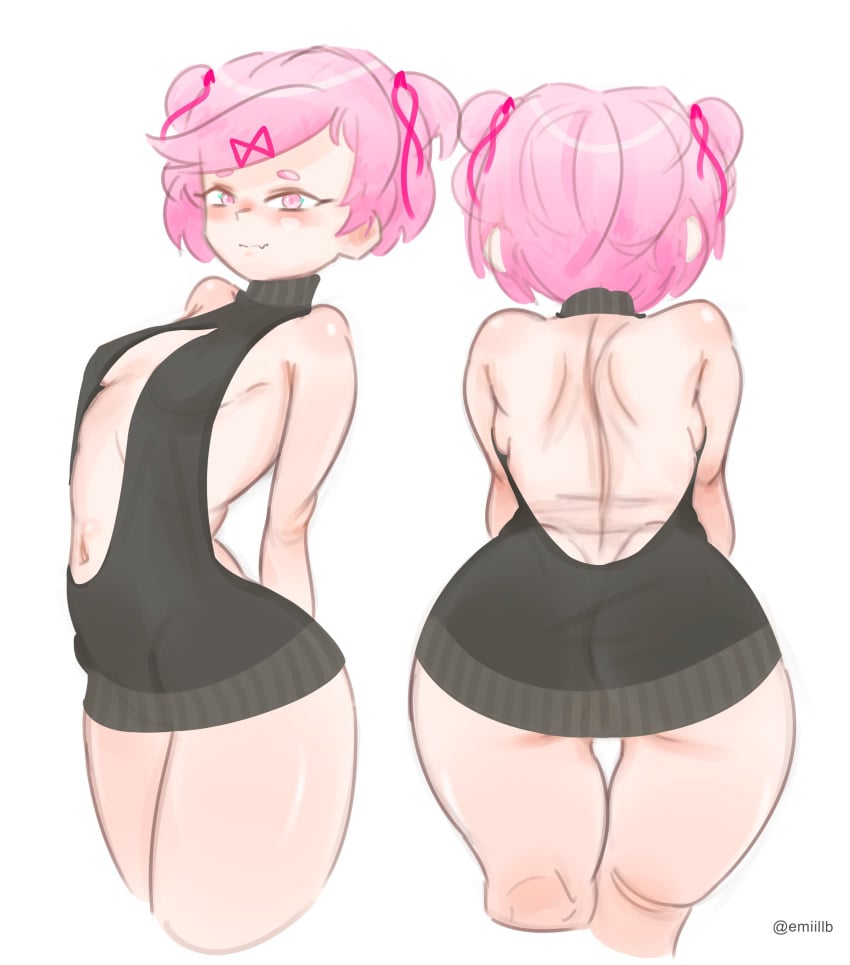 back back_of_head back_view bare_shoulders boobs breasts doki_doki_literature_club emiillb female natsuki_(doki_doki_literature_club) navel pink_eyes pink_hair sideboob sweater thigh_gap thighs