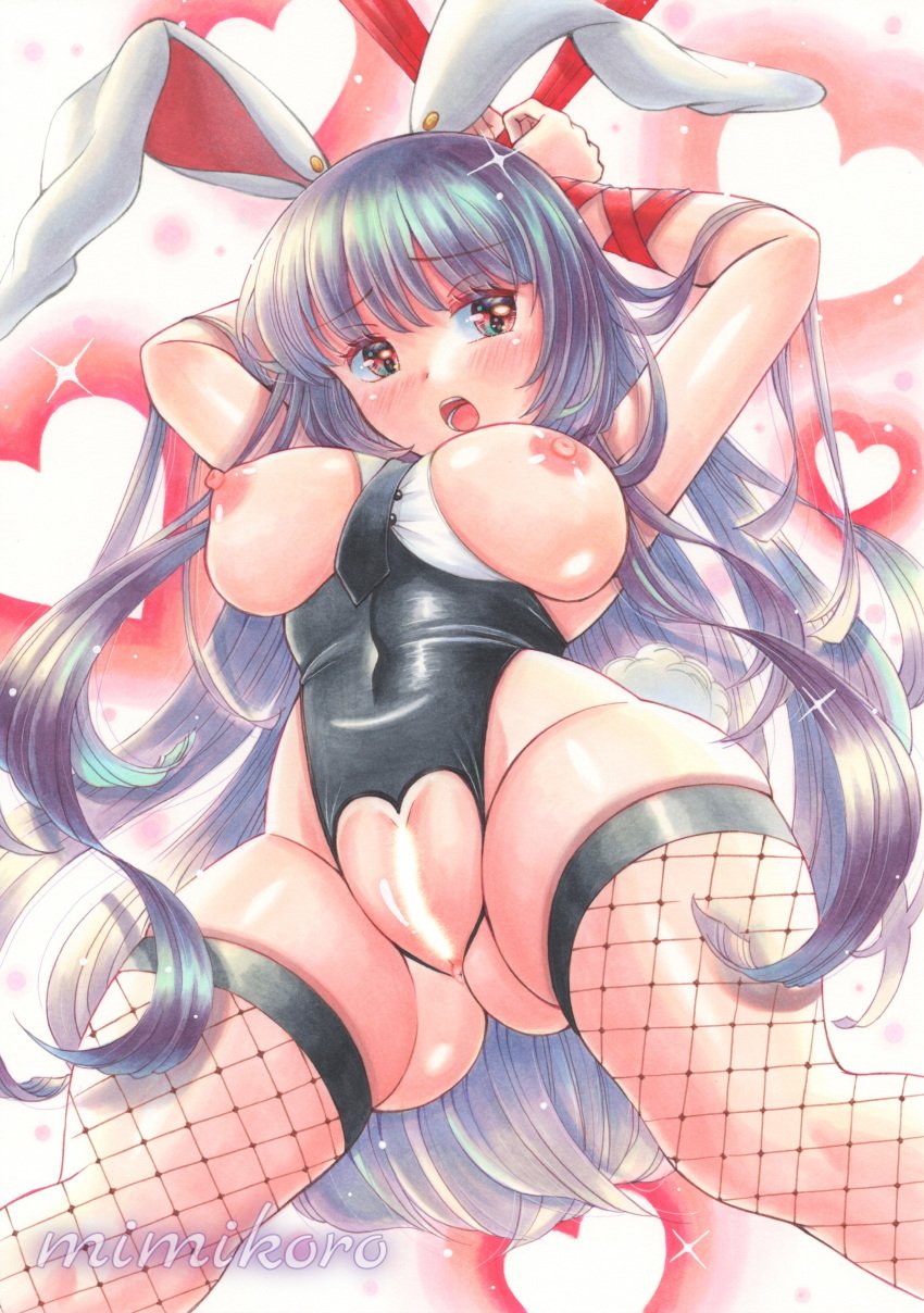 1girls animal_ears animal_tail anus areolae arms_restrained arms_up ass blush bondage bondage breasts breasts_out bunny_ears bunny_girl bunny_tail censor_bar censored censored_pussy clothed female_focus fishnet_legwear fishnet_thighhighs fishnets heart heart_cutout light-skinned_female light_skin long_hair mimikoro navel navel_visible_through_clothes nipples open_mouth purple_hair pussy red_eyes reisen_udongein_inaba restrained revealing_clothes ribbon_bondage solo solo_focus tail thighhighs thighs tie touhou watermark