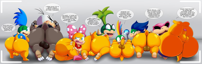 1girls 6boys absurd_res anthro anus ass backsack balls barely_visible_anus bent_over big_butt bow_ribbon bracelet breasts camera_view darkened_genitalia erection eyewear feet female freckled_butt freckles genitals glasses group hi_res huge_butt humanoid_genitalia iggy_koopa jewelry kneeling koopa koopaling larry_koopa legs_up lemmy_koopa ludwig_von_koopa lying magic_wand male mario_(series) morton_koopa_jr. necklace nintendo nipples on_side penis presenting presenting_hindquarters roy_koopa scalie short_stack simple_background spiked_bracelet spikes spread_legs spreading standing tepigfan101 wand wendy_o._koopa white_background