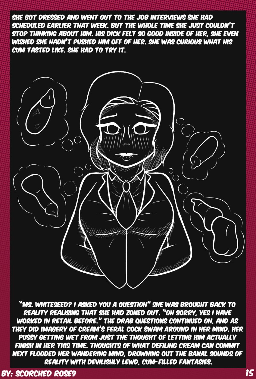 animal_genitalia animal_penis black_and_white blush canine_genitalia canine_penis clothing comic distracted english_text female feral genitals hair hi_res human mammal monochrome necktie penis scorchedrose9 scorchedrose9_(artist) short_hair solo story_in_picture suit text thinking thought_bubble zoophilia