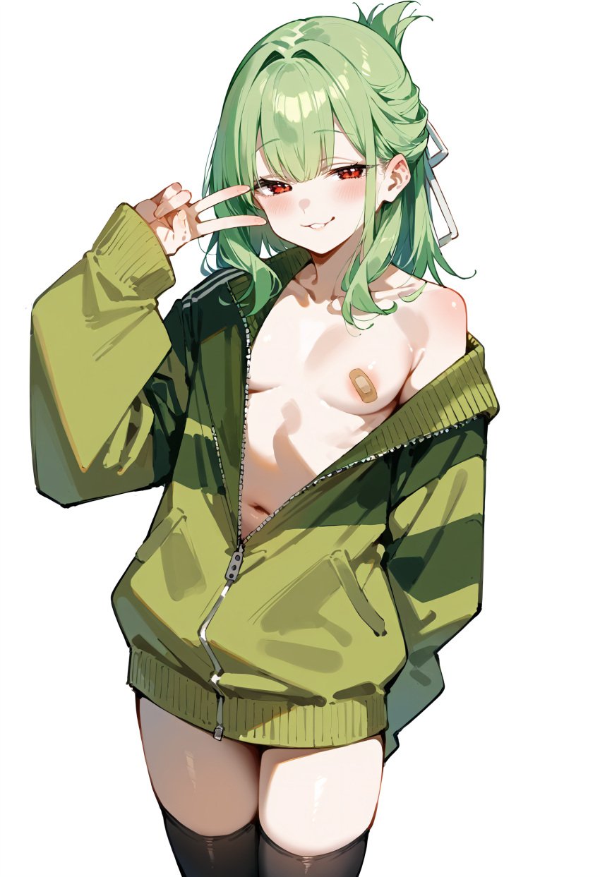 1boy 1femboy 2024 ai_generated akioai alternate_version_available blush breasts crossdressing femboy girly green_hair looking_at_viewer nipple_pasties otori-tan pastie pasties peace_sign pectorals red_eyes seitokai_nimo_anawa_aru! smile smiling trap v v_sign