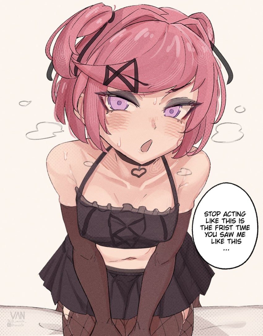 bare_shoulders breasts collar doki_doki_literature_club english_text heart_collar natsuki_(doki_doki_literature_club) pink_hair purple_eyes speech_bubble steamy_breath sweat sweating text text_bubble vaniste