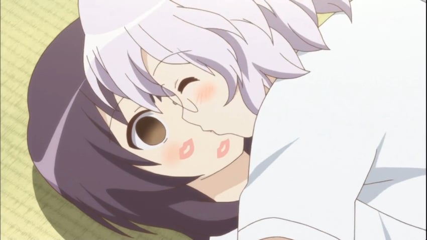 2girls anime_screencap black_hair brown_eyes canonical_scene closed_eyes female funami_yui glasses grey_hair ikeda_chitose kissing on_top open_eyes viewed_from_above yuri yuru_yuri yuruyuri