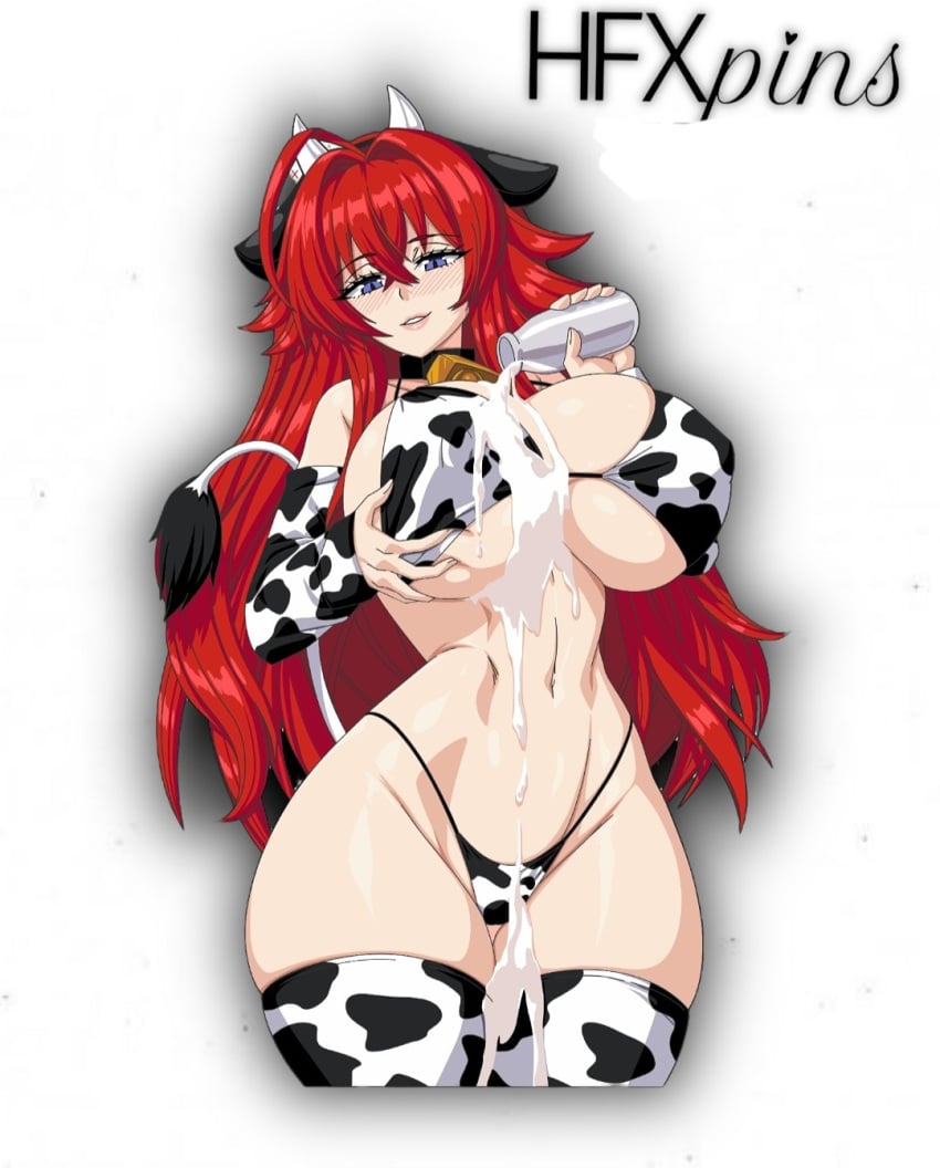 1girls big_breasts breast_grab breasts busty cosplay cow_bell cow_ears cow_horns cow_print cow_print_bikini cow_tail hfxpins high_school_dxd lactation milk milk_bottle milk_on_body milk_on_breasts pouring pouring_milk pouring_on_breasts pouring_on_self red_hair rias_gremory solo thick_thighs voluptuous