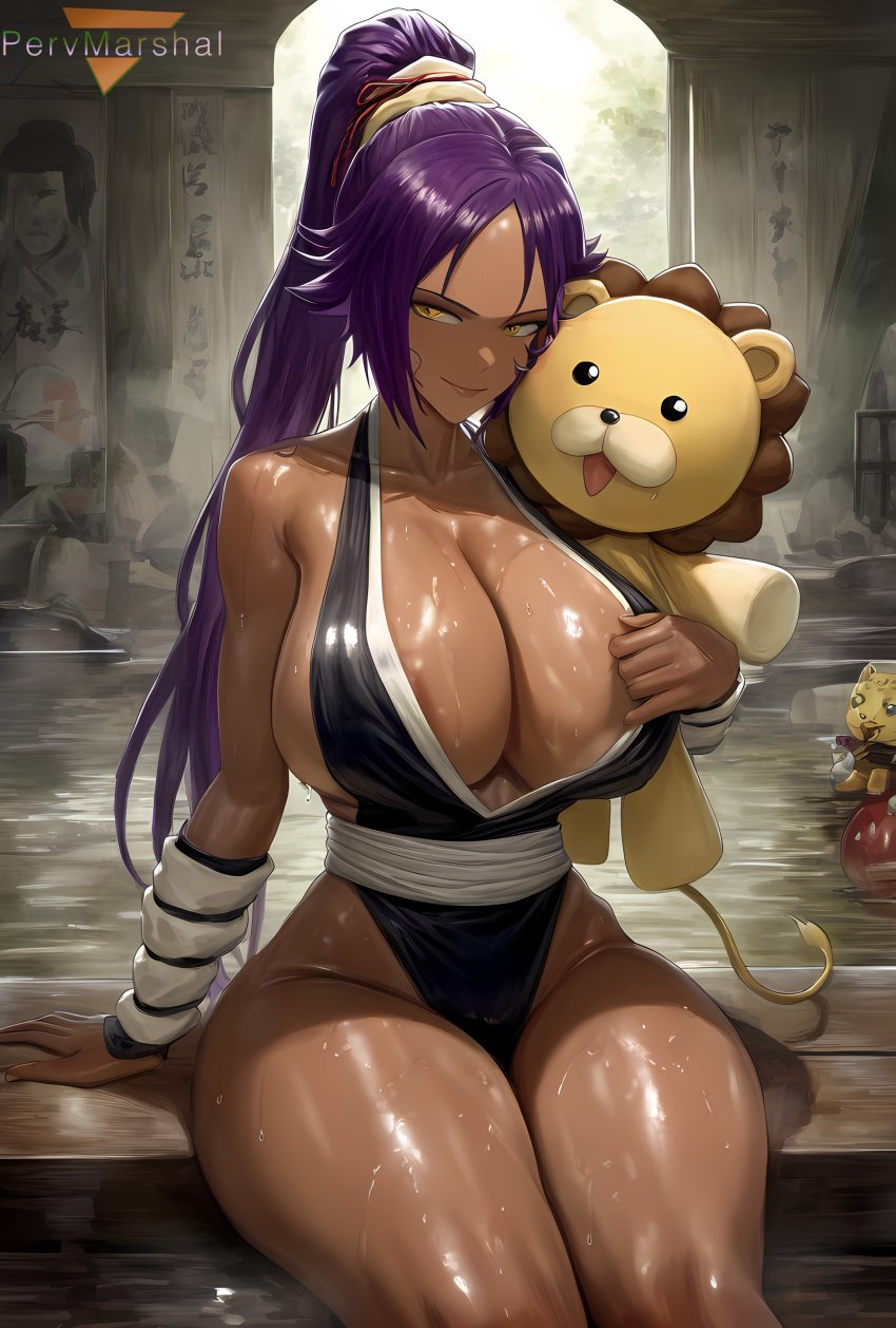 1boy 1girls ai_generated areola areola_slip big_breasts bleach brown_skin female fit fit_female hug huge_breasts kon long_hair male marshalperv pervmarshal ponytail purple_hair shihouin_yoruichi shiny shiny_skin smile sweat sweatdrop sweating tagme tagme_(artist) thick_thighs thin_waist watermark yellow_eyes