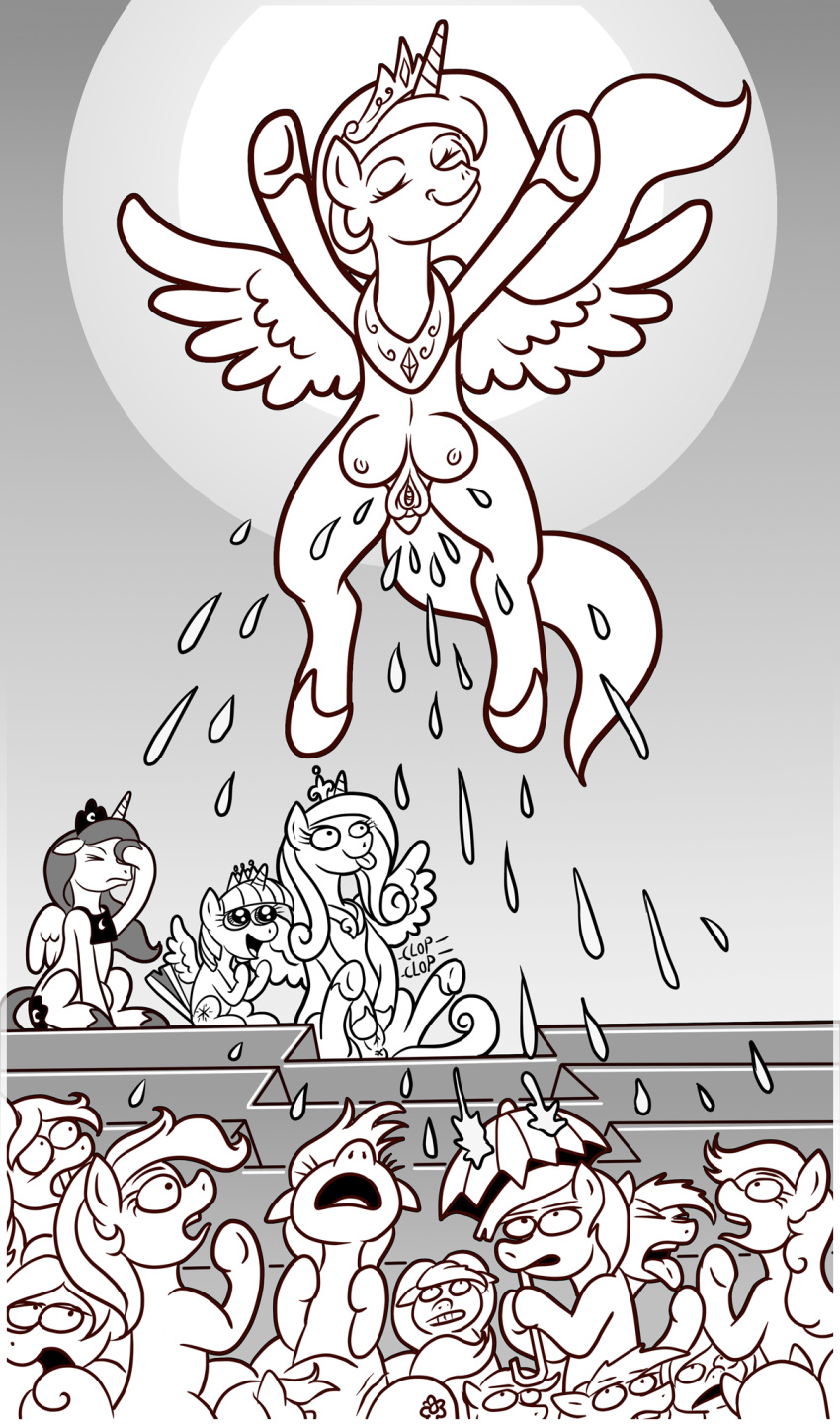 2019 alicorn crotchboobs equid equine feathered_wings feathers female feral flying friendship_is_magic greyscale group hair hi_res horn horse mammal masturbation monochrome my_little_pony pony princess_cadance_(mlp) princess_celestia_(mlp) princess_luna_(mlp) pussy twilight_sparkle_(mlp) wangkingfun wings