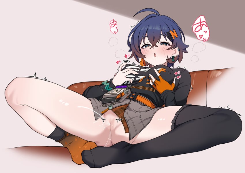 0haribo0 absurdres belle_(zenless_zone_zero) black_shirt black_thighhighs blue_hair breasts censored commentary_request crossed_bangs female_ejaculation gloves grabbing_own_breast green_eyes hair_between_eyes highres lying medium_breasts mosaic_censoring nipple_stimulation no_panties on_back orange_gloves orange_socks pussy pussy_juice shirt short_hair single_glove single_sock single_thighhigh socks spread_legs thighhighs zenless_zone_zero