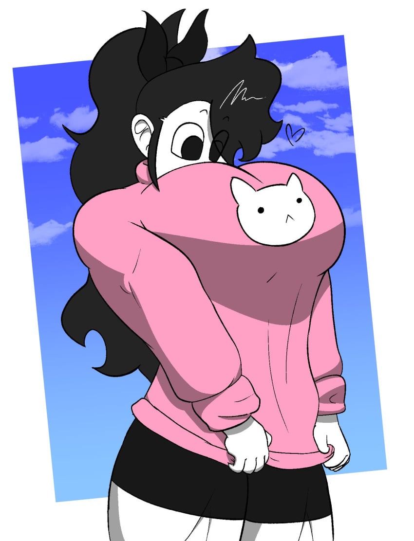 big_breasts black_hair breast_outline clothed clothed_female dud3thatdraws fanart fanart_from_twitter female female_focus female_only marie_(tag-a-long) mime mime_girl mouthless mouthless_female muscle muscle_girl muscles muscles_through_clothes muscular muscular_female muscular_thighs original original_art original_artwork pink_sweater white_body white_skin