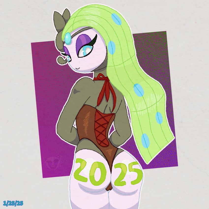 2025 artist_name ass back bare_shoulders blue_eyes closed_mouth colored_skin corset cowboy_shot female forehead_jewel from_behind gem generation_5_pokemon gradient green_hair hair_ornament half-closed_eyes happy hi_res legs_together leotard long_hair looking_at_viewer looking_back makeup meloetta meloetta_(aria_form) multicolored_hair new_year new_year_2025 outline pokemon pokemon_(creature) pokemon_(species) purple_background ribbon rogue_(artist) seductive_look self_upload simple_background smile solo standing thighs white_outline white_skin