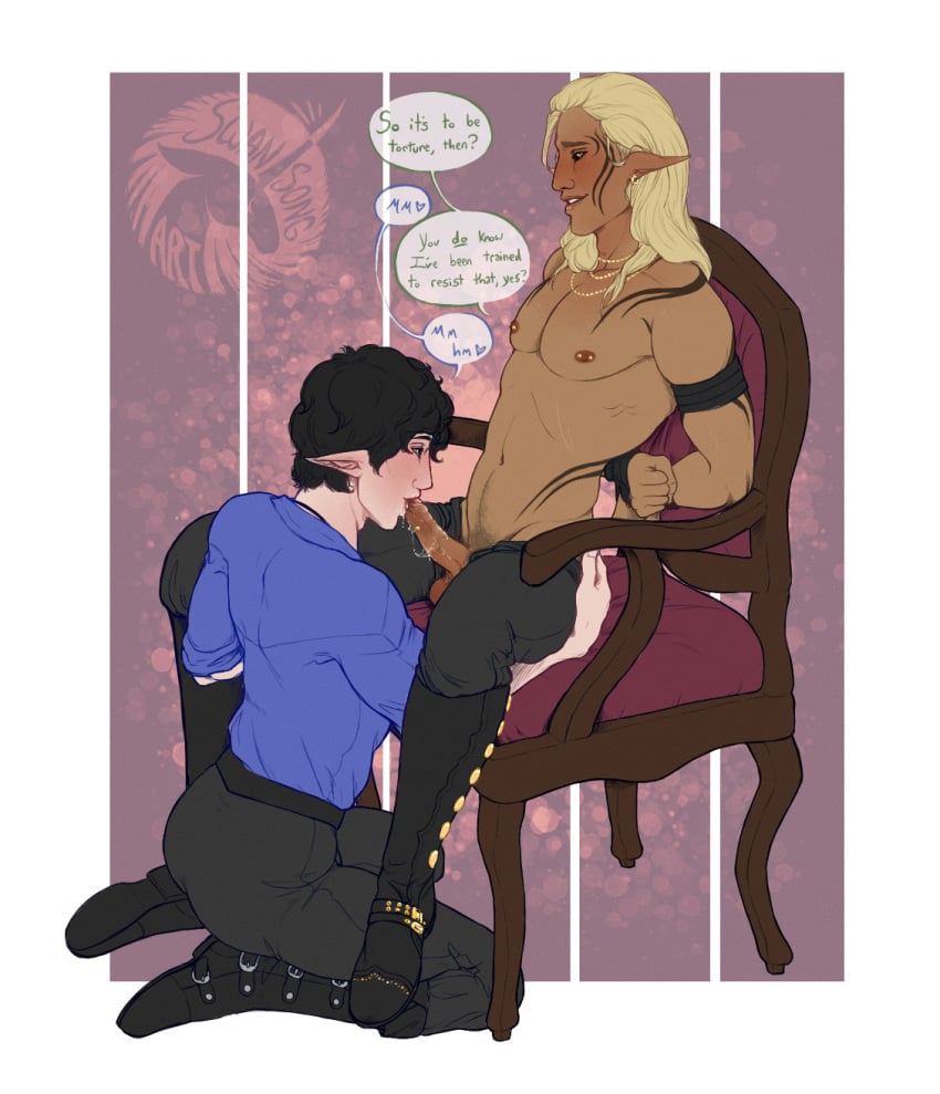 2boys black_hair blonde_hair blowjob boots chair dragon_age dragon_age_origins face_tattoo fellatio looking_at_partner male male_only nipple_piercing pale_skin partially_clothed ponty_ears pubic_hair speech_bubble tan_skin the_warden tied_up treasure_trail zevran_arainai