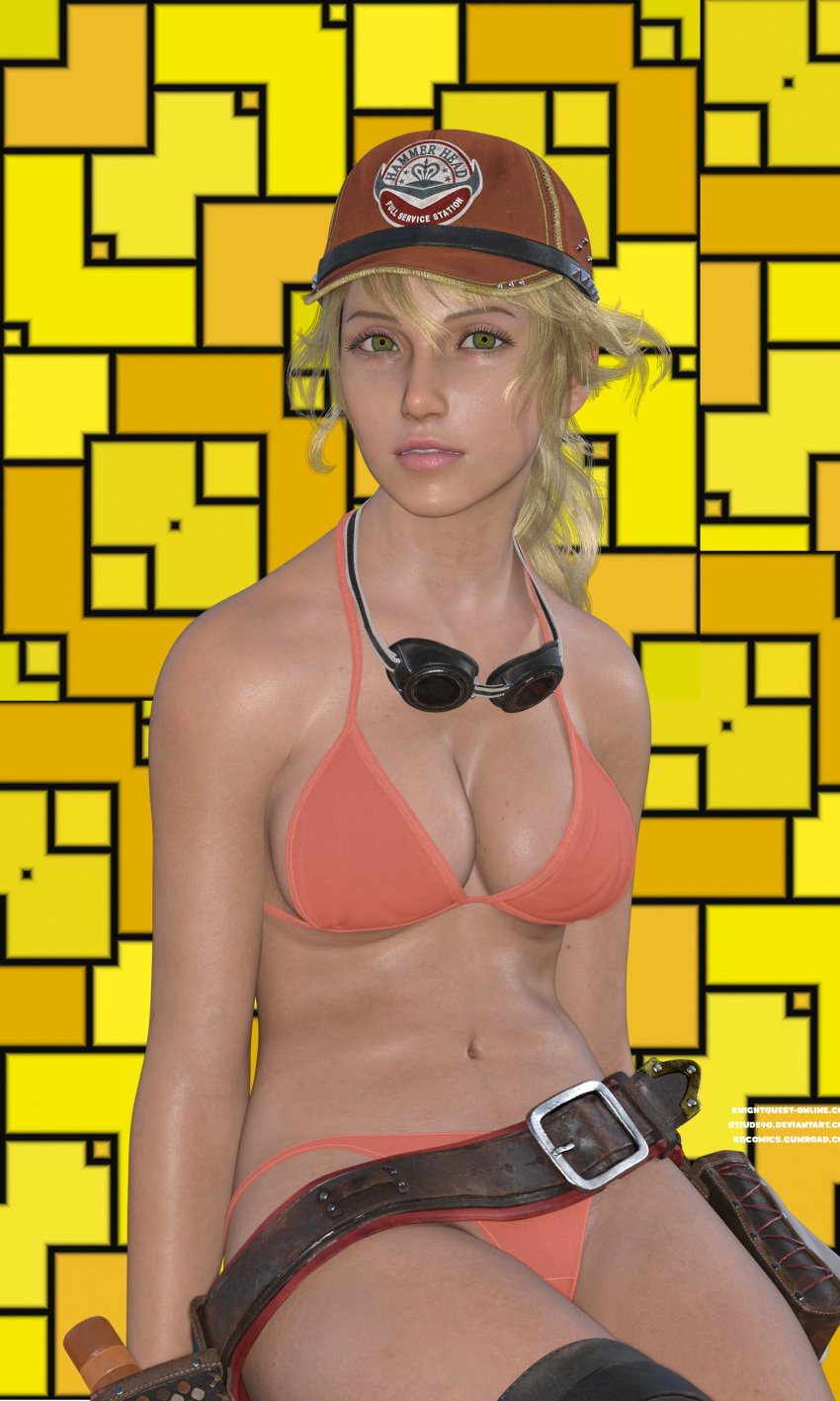 1girls 3d baseball_cap belt bikini blonde_hair cindy_aurum final_fantasy final_fantasy_xv goggles goggles_around_neck pink_bikini stjude90 swimsuit